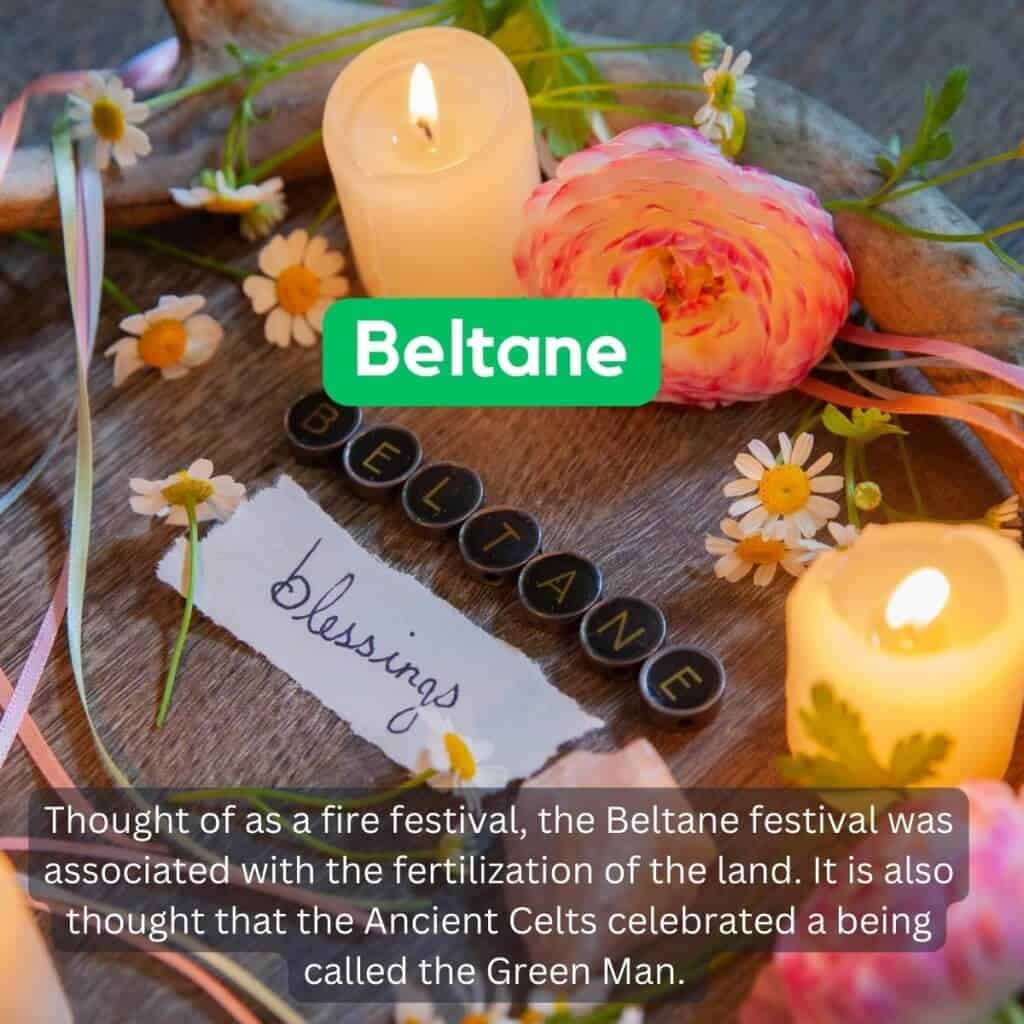 Dây Beltane festival celebration with candles, flowers, and a "blessings" note in Ireland.