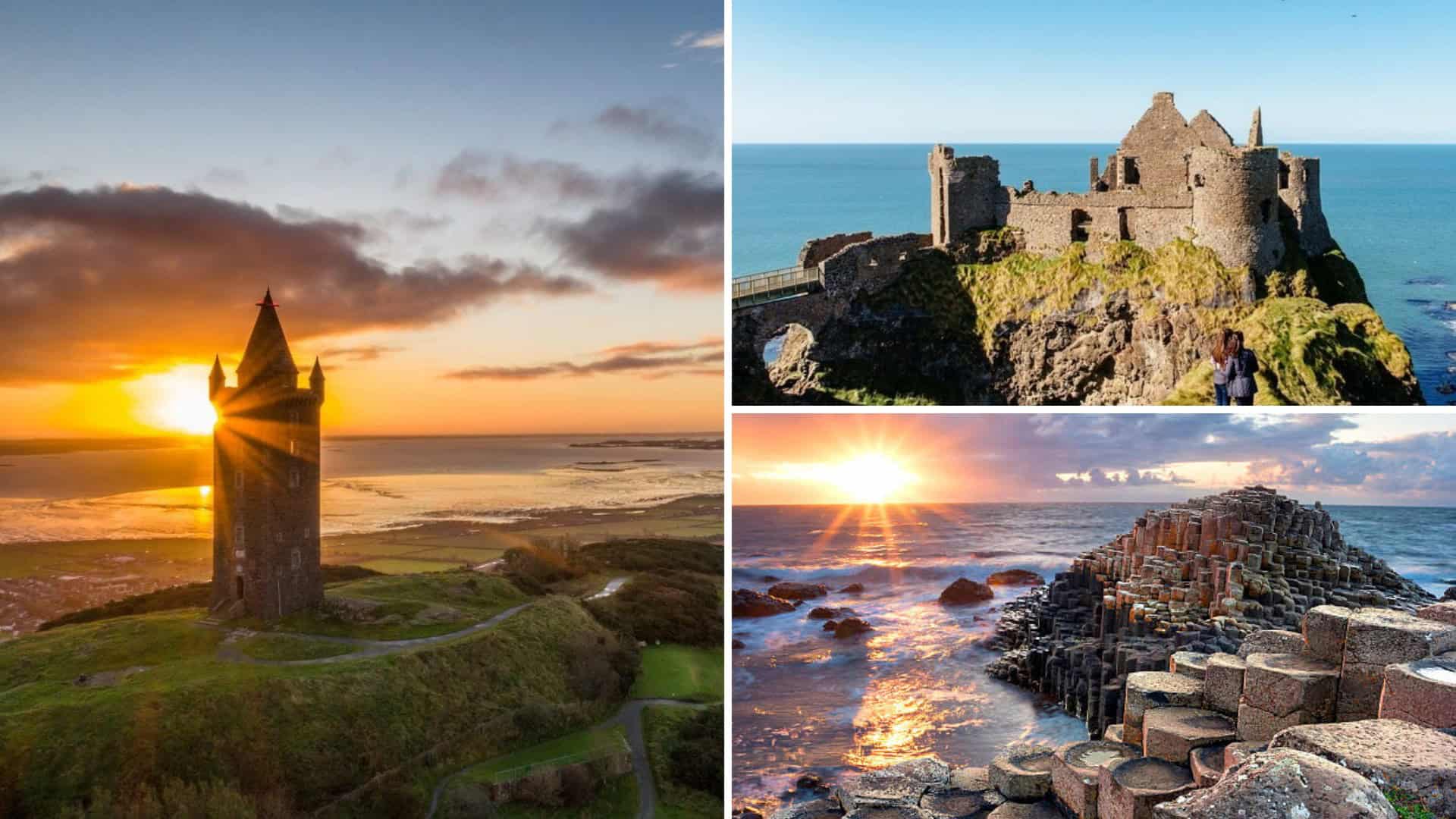 Sunset over Slains Castle on the Irish coast, scenic views of Ireland's rugged coastline.