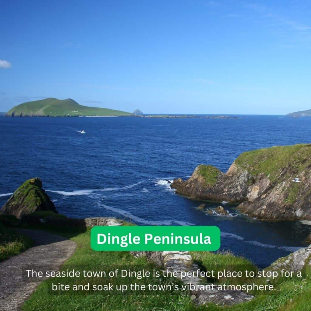 Cliffs and rocky coastline at Dingle Peninsula with lush green hills and bright blue waters.