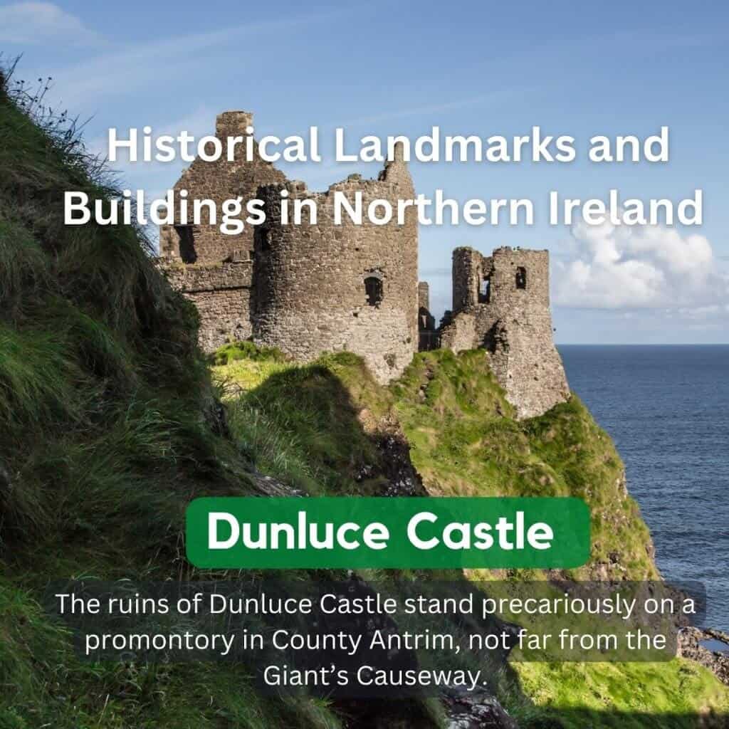 Dunluce Castle ruins on a cliff overlooking the Atlantic Ocean in Northern Ireland.