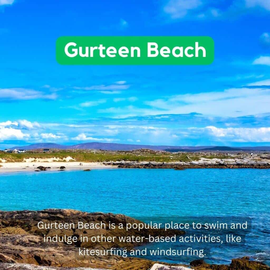 Gurteen Beach scenic view with blue waters and rocky shoreline in Ireland.