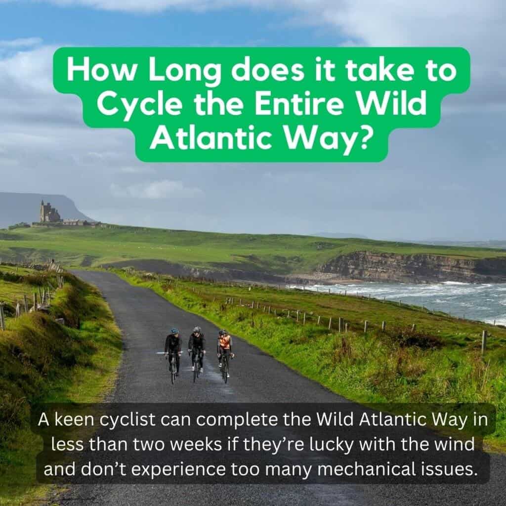 Cycling along scenic Irish coastline with castle in background, windy day.
