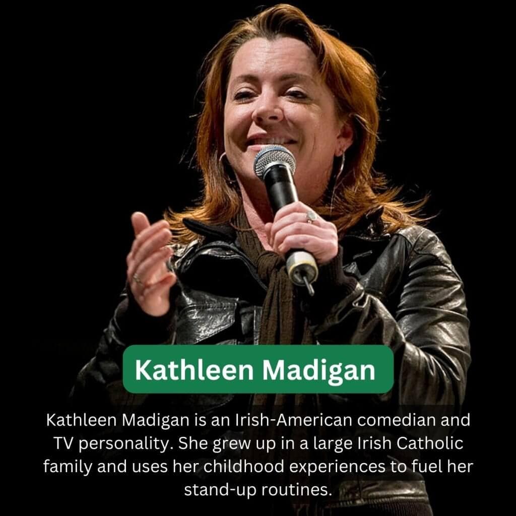 Funny Irish-American woman comedian Kate Madigan performing on stage with microphone.