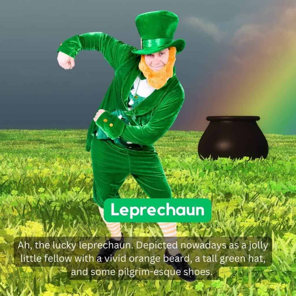 Leprechaun dressed in green standing in grassy field with pot of gold in the background.
