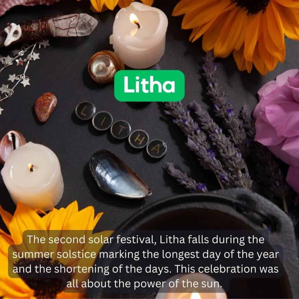 Litha summer solstice celebration with candles, shells, flowers, and herbs in Ireland.