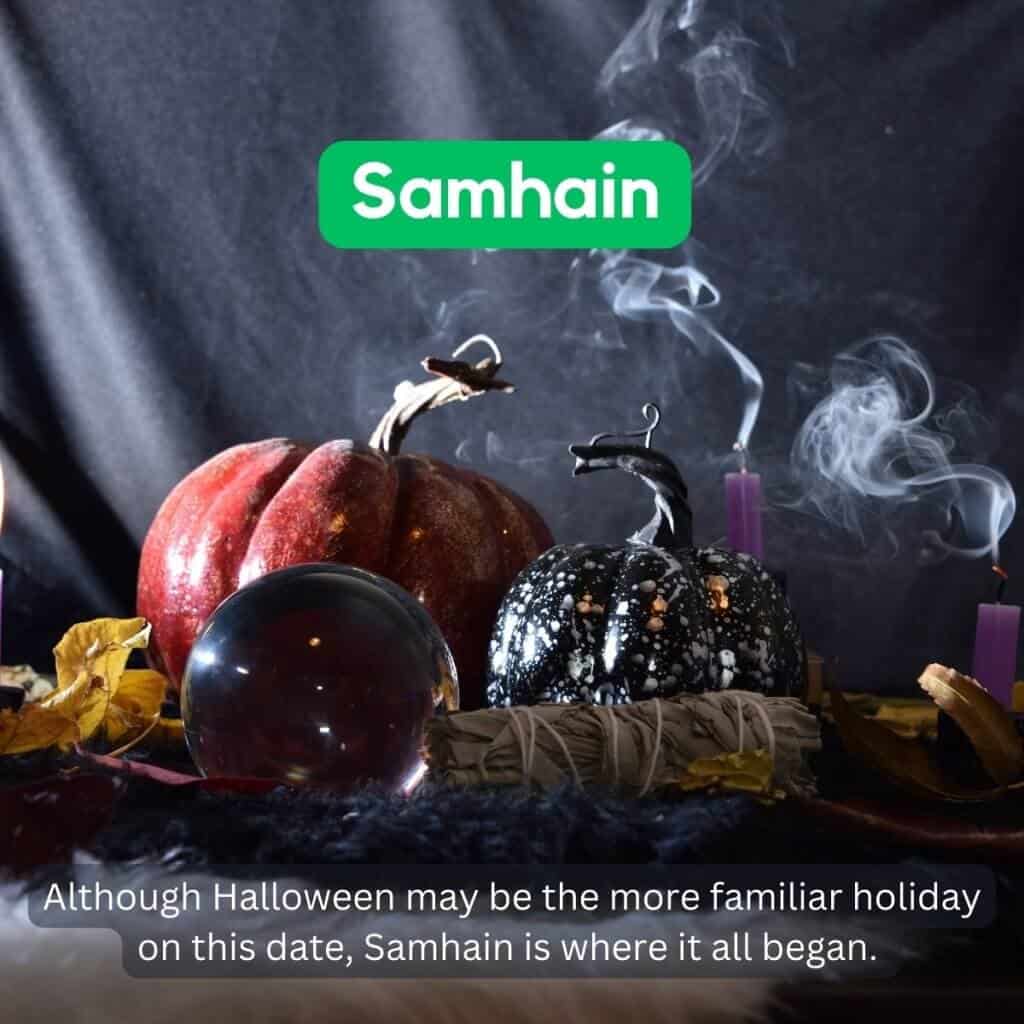 Samhain Halloween-themed pumpkins and candles with smoke, Irish harvest festival celebration.