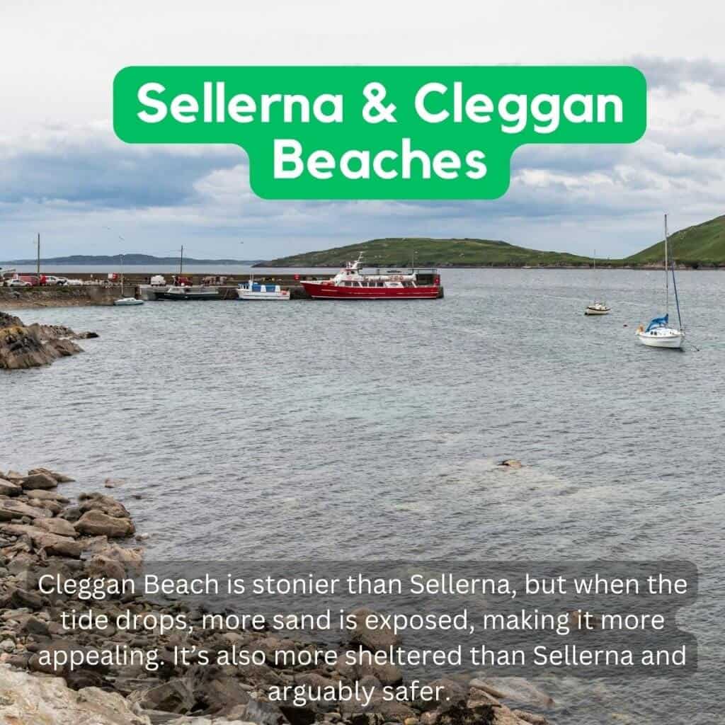 Sellern and cleggan beaches in Ireland showing boats and coastal scenery.