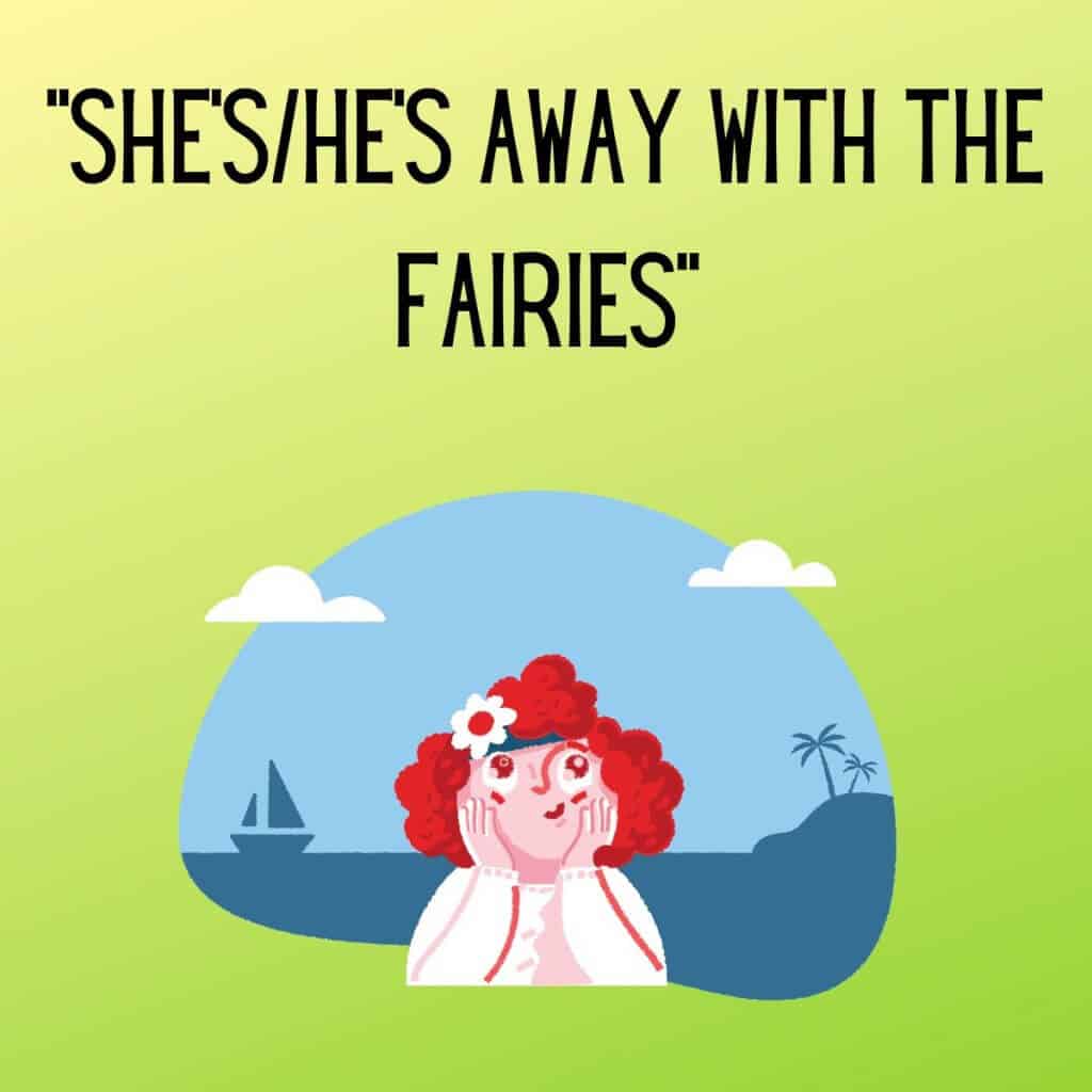 Colorful digital illustration of a fairy with red curly hair, sitting in a scenic Irish coastal landscape.