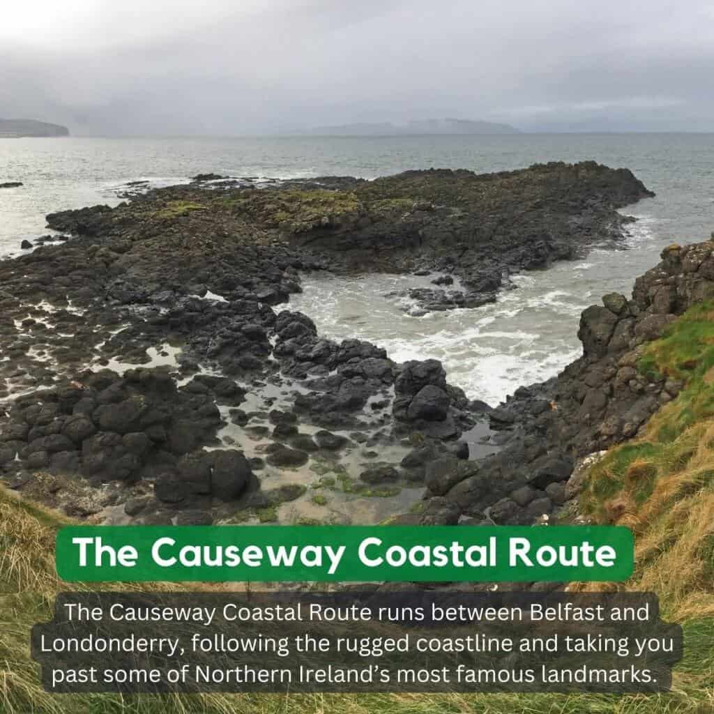 Rugged coastal rocks along the Causeway Coastal Route in Northern Ireland.