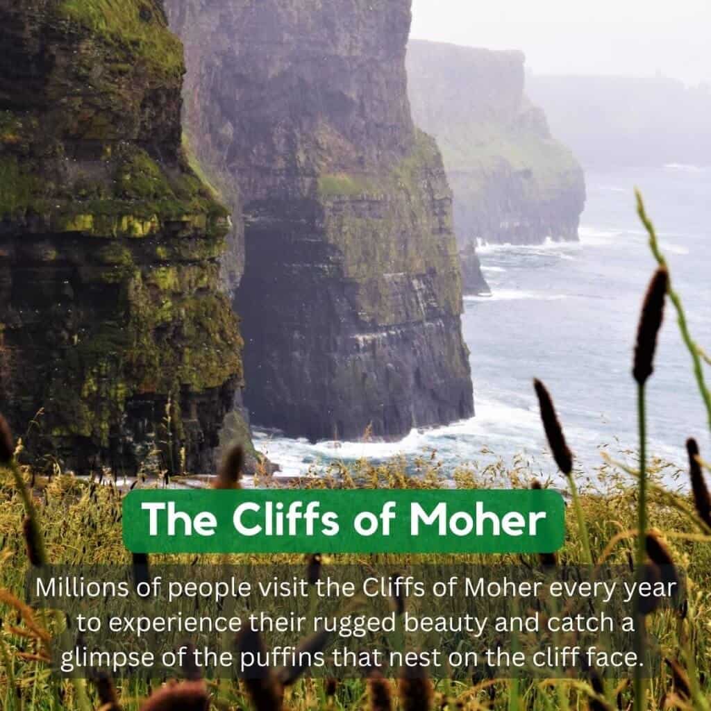 Cliffs of Moher along rugged Irish coastline with sea and grassy foreground.