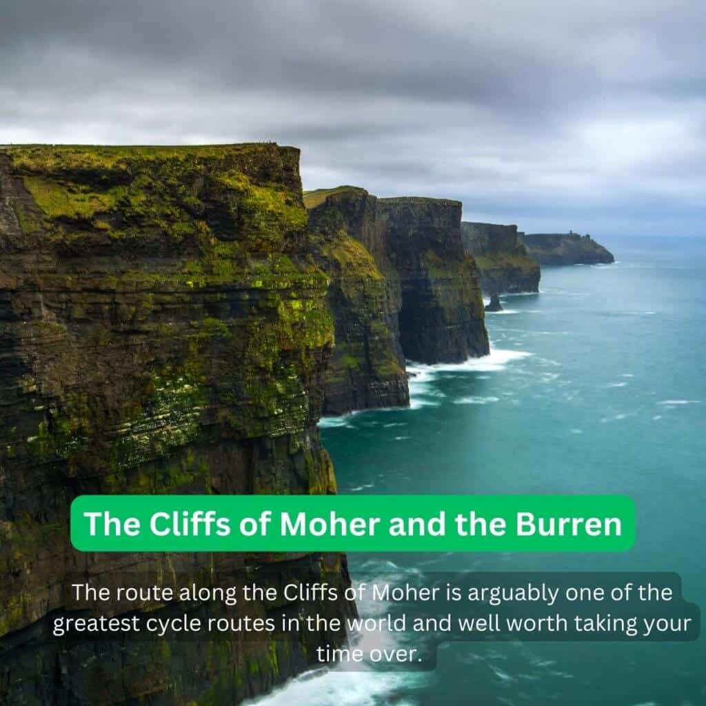 Cliffs of Moher with lush green top edges and crashing Atlantic waves.