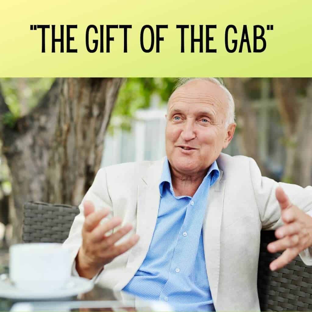 Sweet elderly man sharing conversation outdoors in a garden setting.