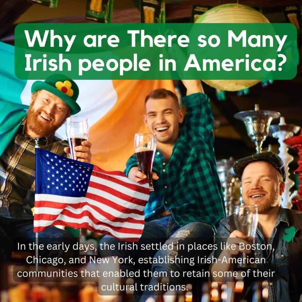 Cheering Irish-Americans celebrating with drinks and Irish flag in a pub.