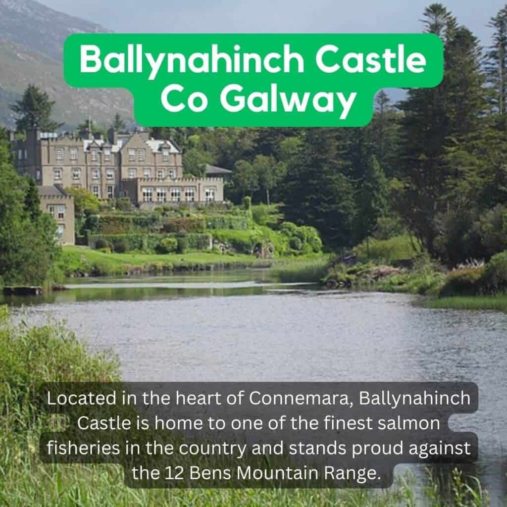Ballynahinch Castle Co Galway riverfront view and lush greenery.