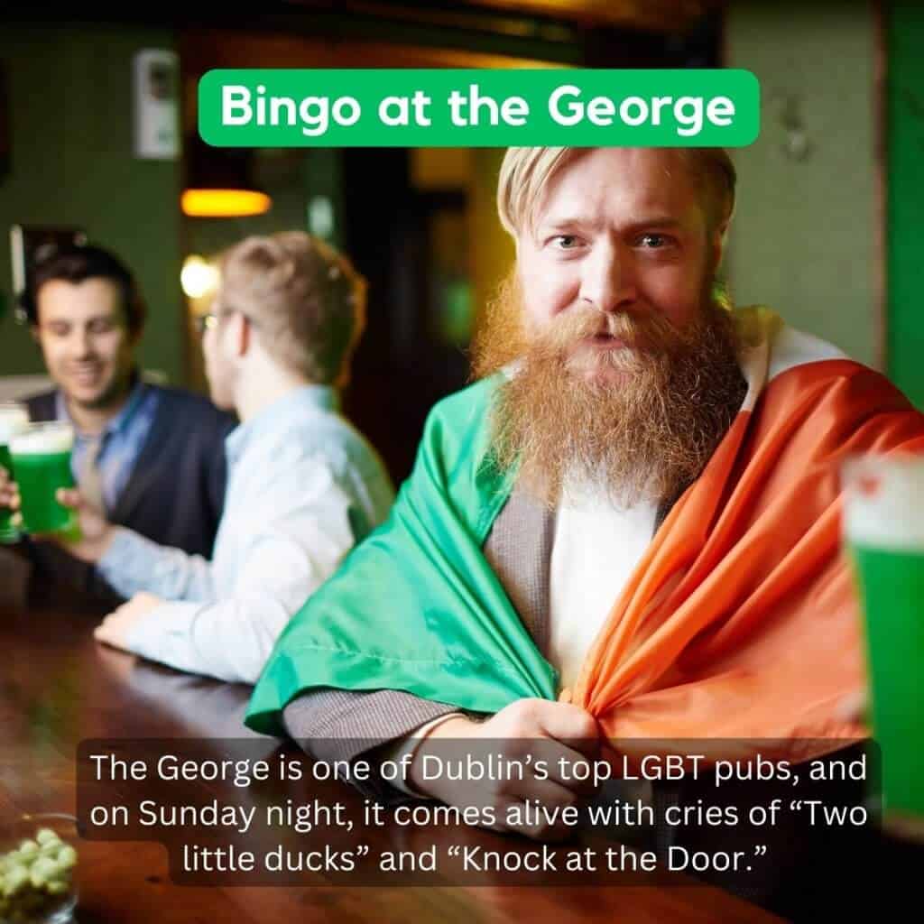 Bearded man wearing Irish flag at Dublin pub for LGBT bingo event.