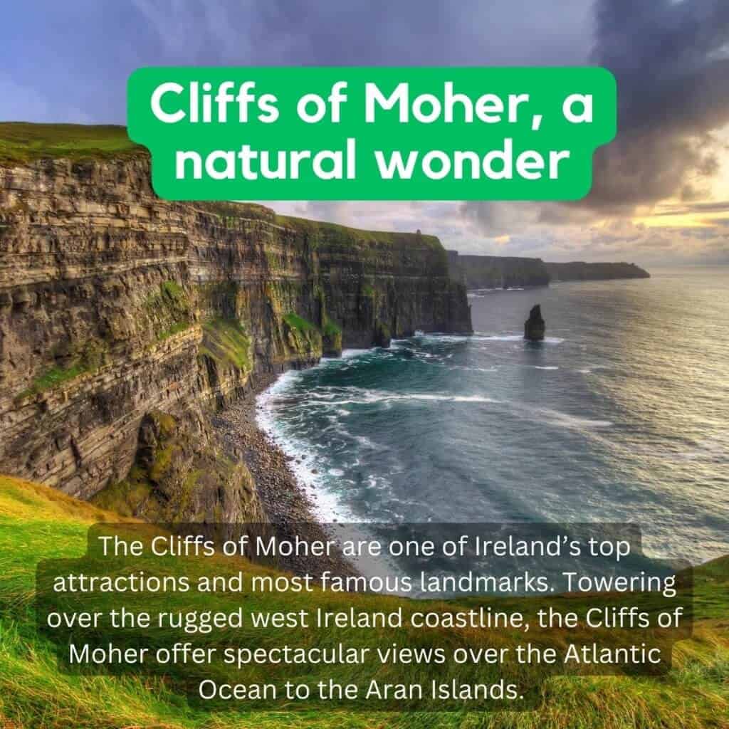 Cliffs of Moher landscape with rugged cliffs and Atlantic Ocean view.