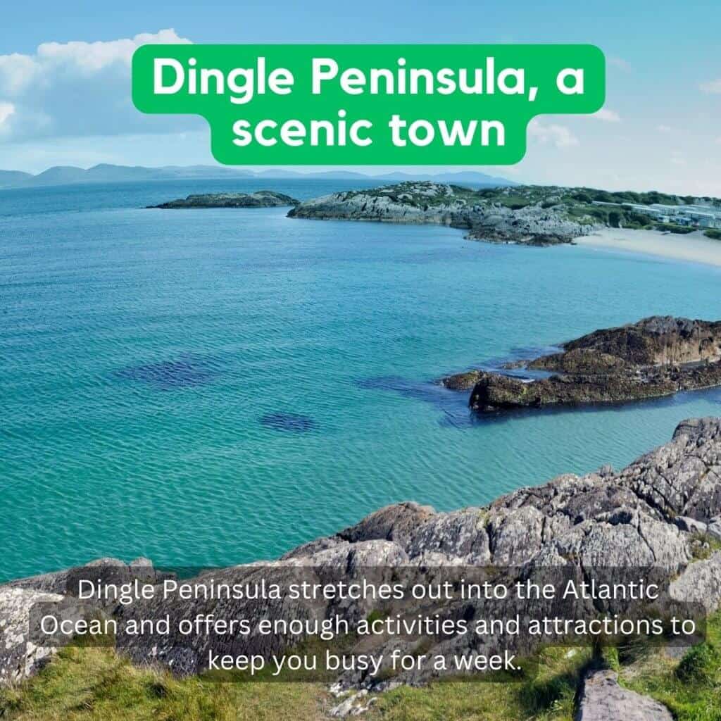 Vibrant coastal view of Dingle Peninsula with turquoise waters and rugged rocks.