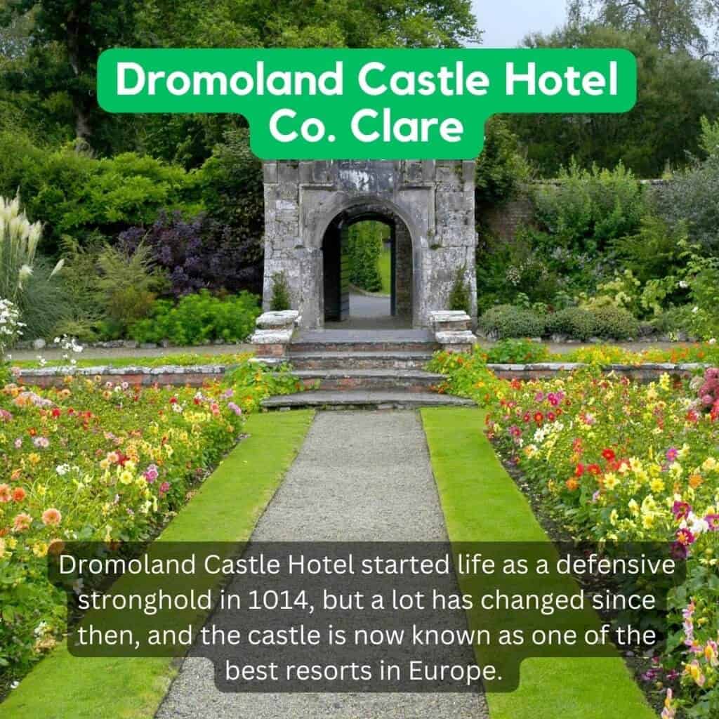Dromoland Castle Hotel entrance surrounded by vibrant flower gardens.