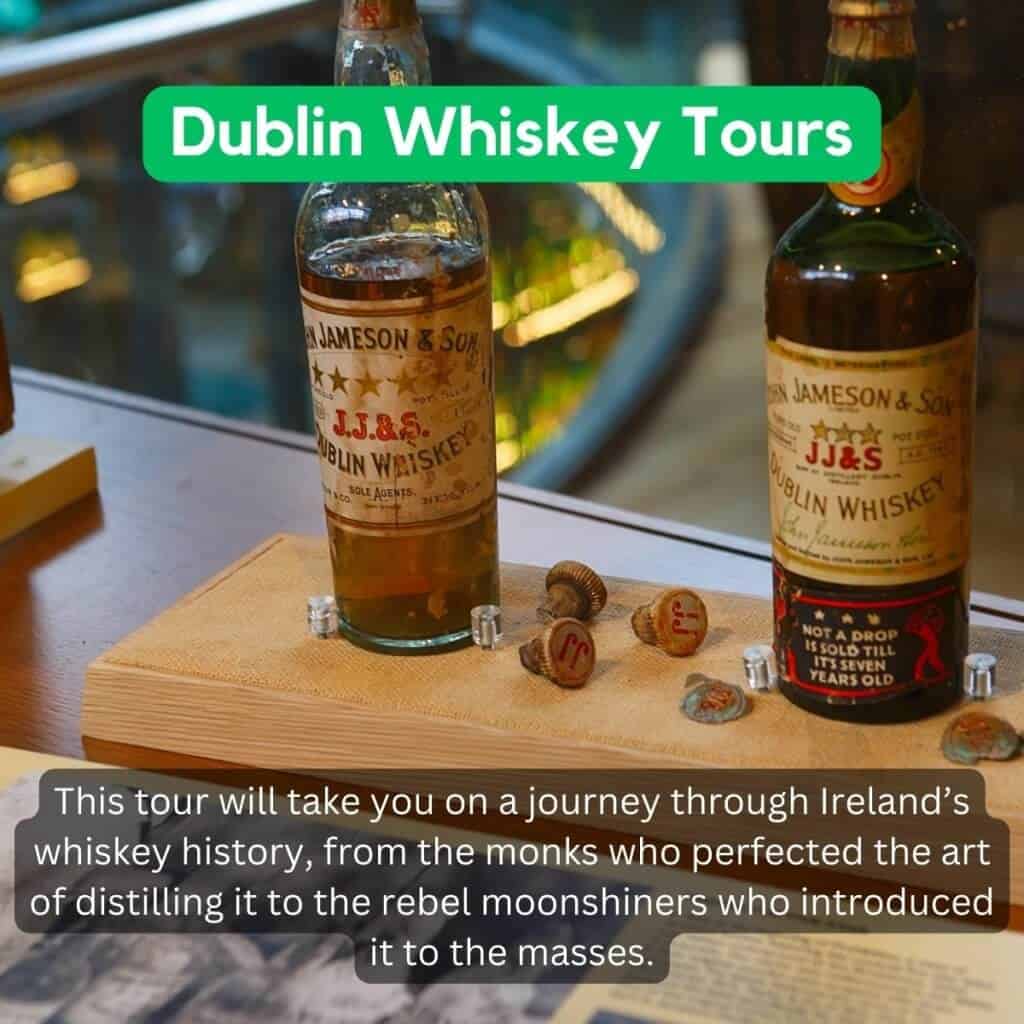Dublin Whiskey Tours promotional image showing bottles of Irish whiskey.