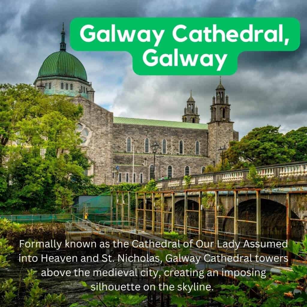 Historic Galway Cathedral overlooking the city skyline with lush greenery and stormy sky.