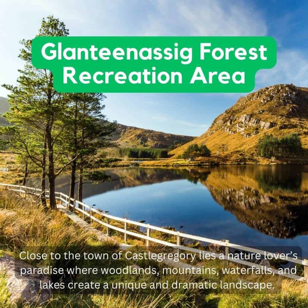Glateennassig Forest Recreation Area in Ireland featuring woodland, mountains, and a tranquil lake.
