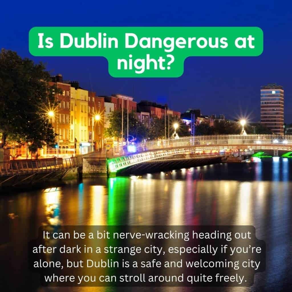 Dublin night skyline with illuminated buildings and reflections on the river.