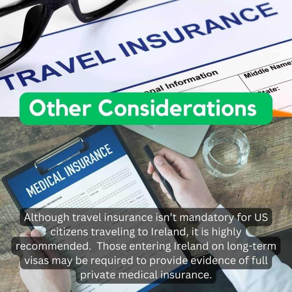 Travel insurance form with glasses on top and medical insurance tablet; Ireland travel tips.
