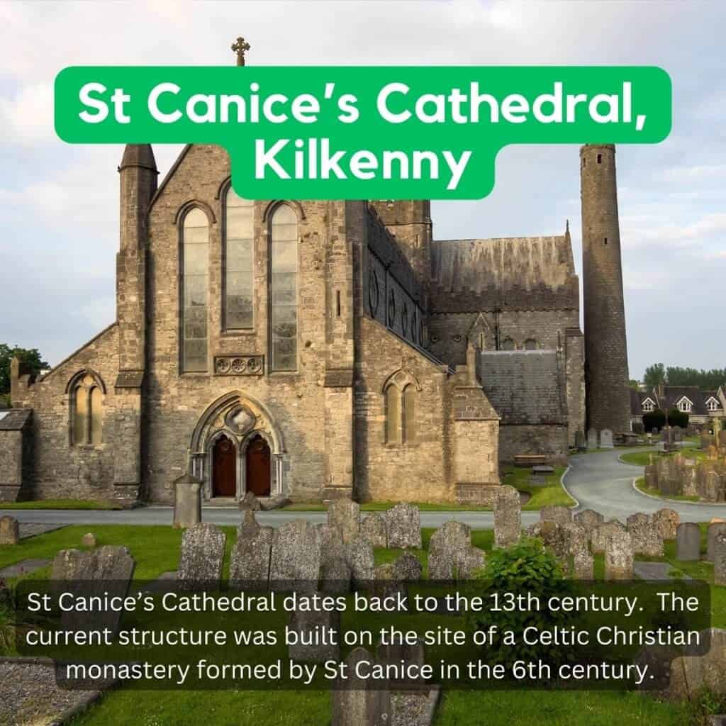 Ancient stone St. Canice's Cathedral in Kilkenny, Ireland with graveyard.