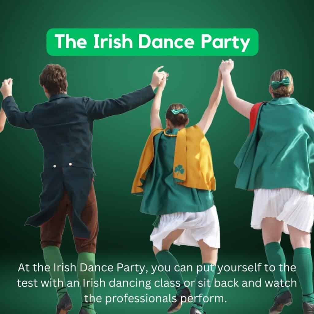 Dancers celebrating Irish dance, vibrant costumes at Irish dance party.