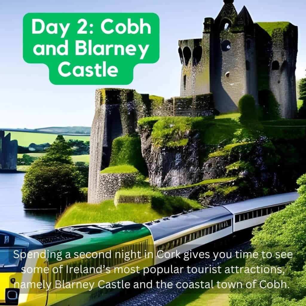 Cobh and Blarney Castle scenic view with train passing by, lush greenery, and historic ruins in County Cork, Ireland.