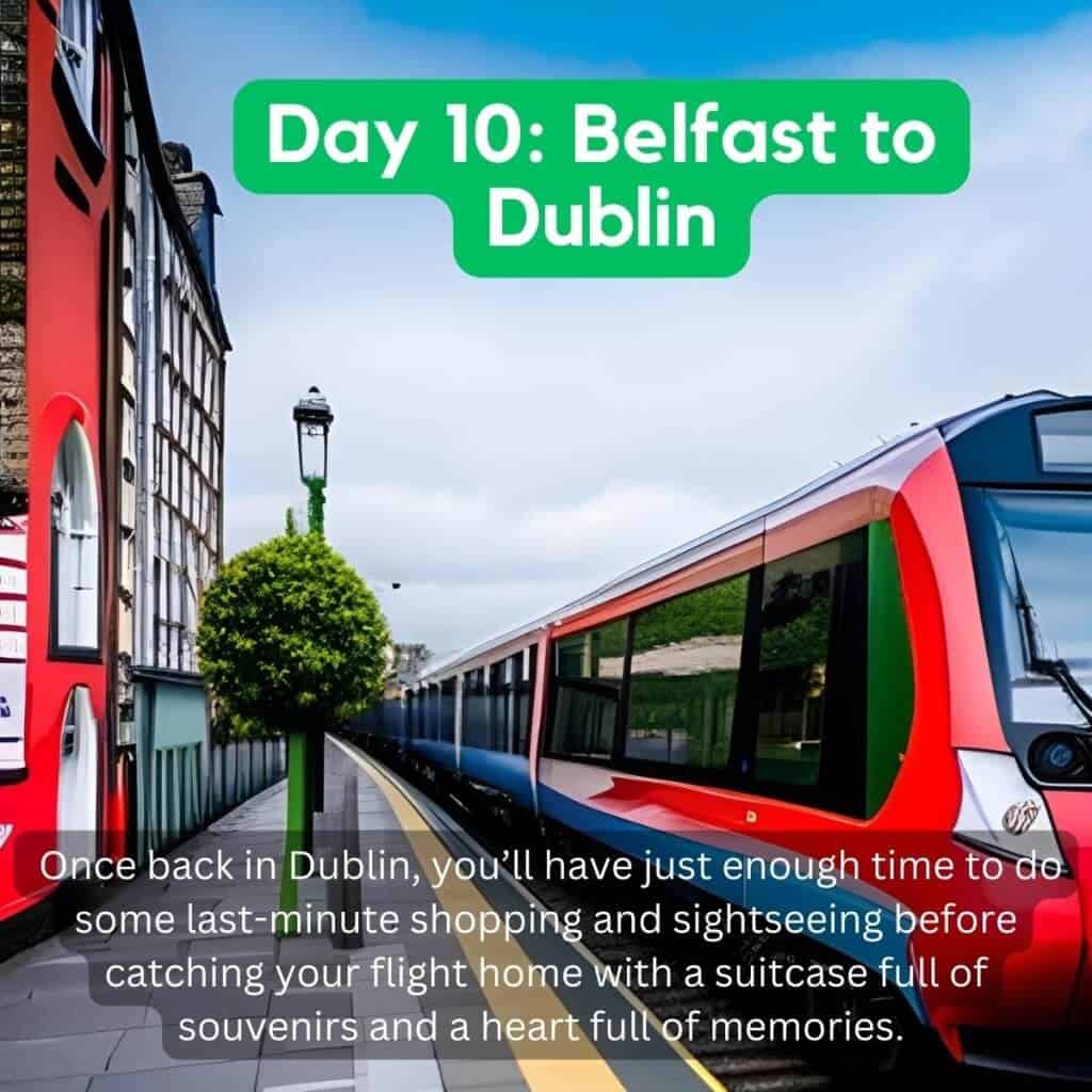 Belfast to Dublin DART train traveling along urban seaside station.
