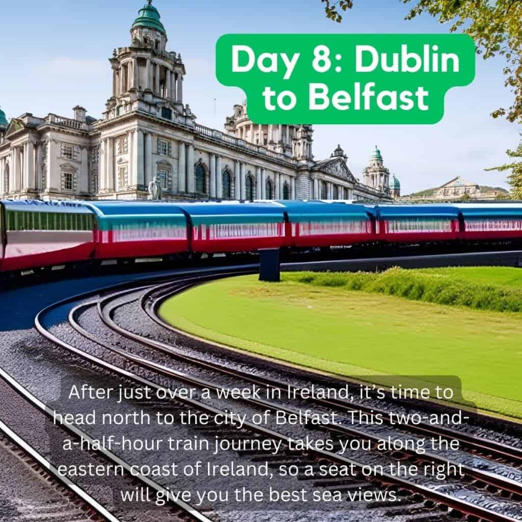 Dublin to belfast train journey with historic building background.