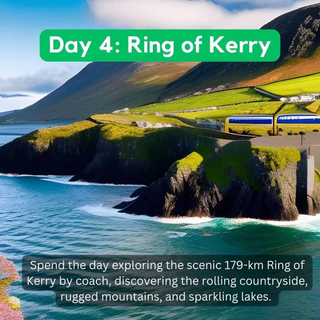Ireland scenic landscape with rugged mountains and coastline, featuring a train on the famous Ring of Kerry.