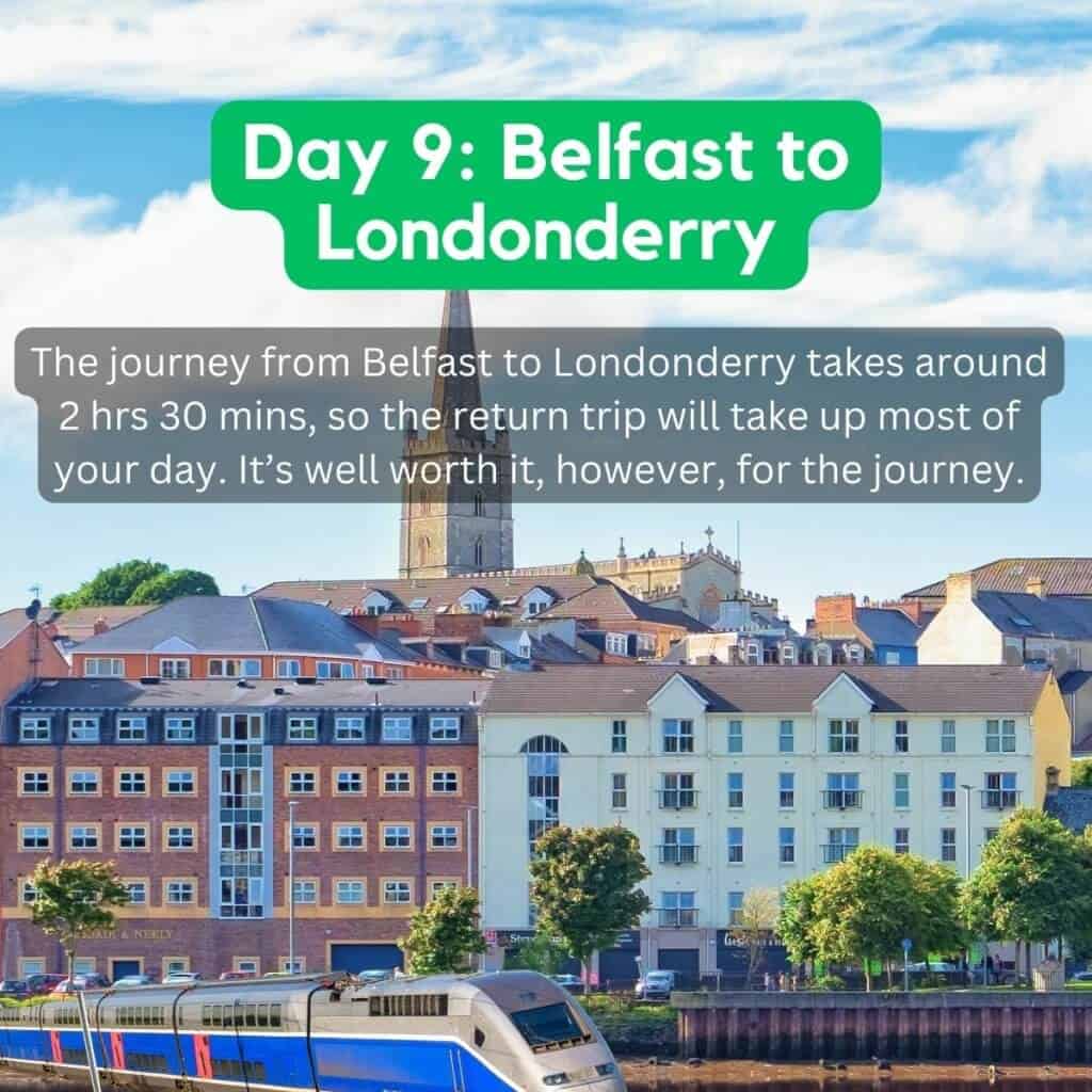 Scenic view of Belfast to Londonderry train journey with city buildings and sky.