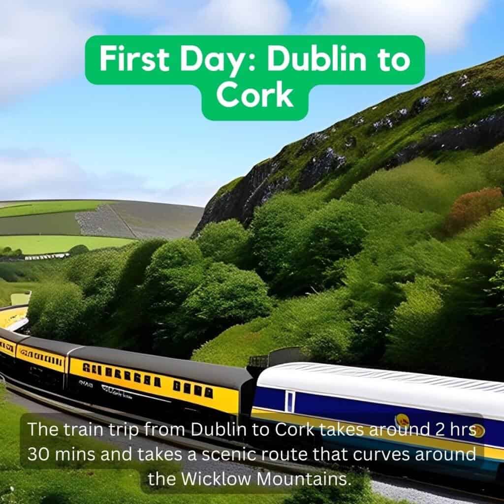 Ireland countryside with lush green hills and a scenic train journey.
