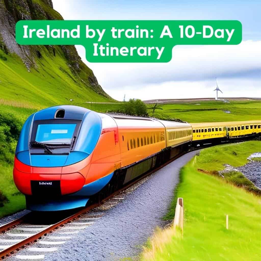 Modern Irish train traveling through lush green countryside with wind turbines.
