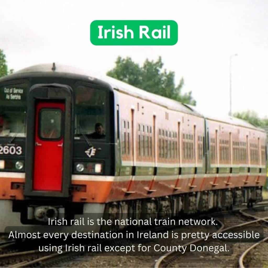 Modern Irish Rail train on tracks in Ireland.