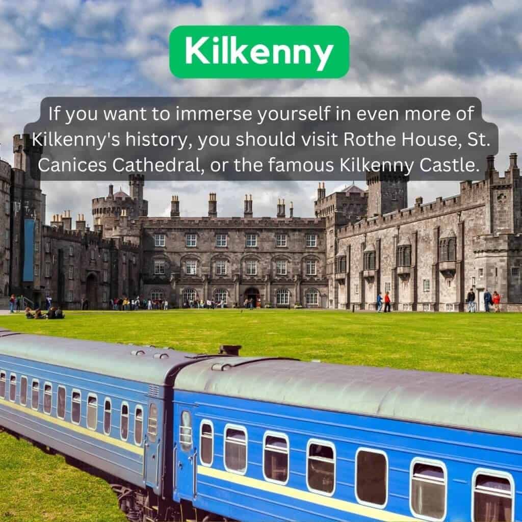 Kilkenny castle and historic buildings in Ireland, with visitors enjoying the outdoor setting.