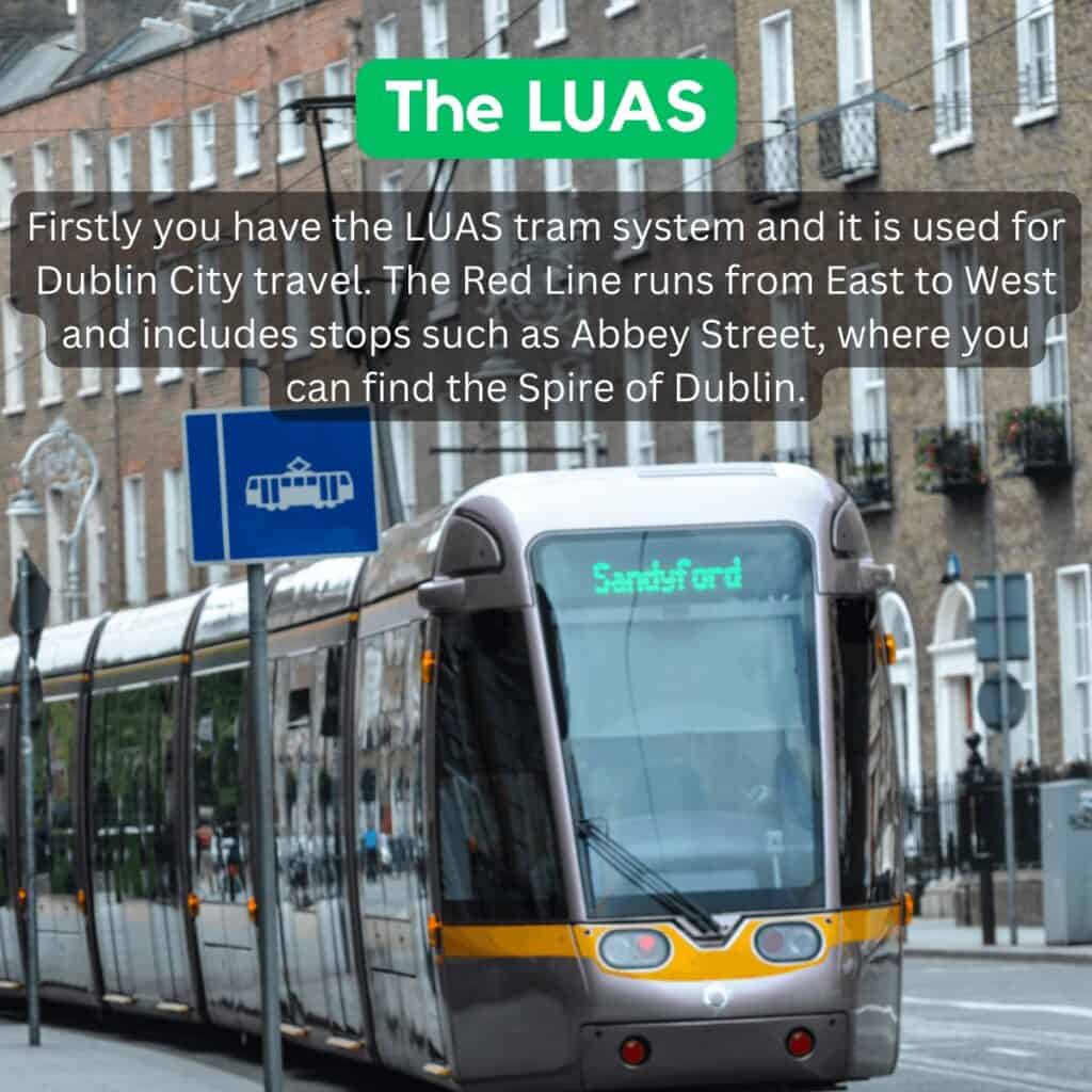 LUAS tram system in Dublin City, Ireland, serving popular routes and stops.