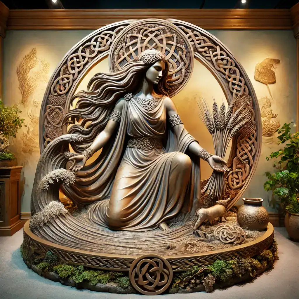 DALL·E 2024-11-21 17.15.38 - A highly detailed depiction of a modern statue of the Celtic goddess Danu, crafted from bronze and adorned with intricate Celtic knotwork. The statue celtic danu statue