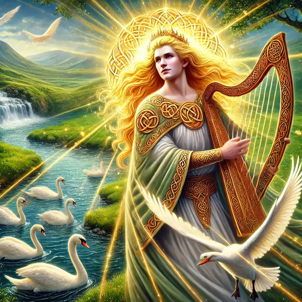 Majestic Celtic goddess with flowing golden hair holding a harp in a lush Irish landscape with swans and waterfalls.
