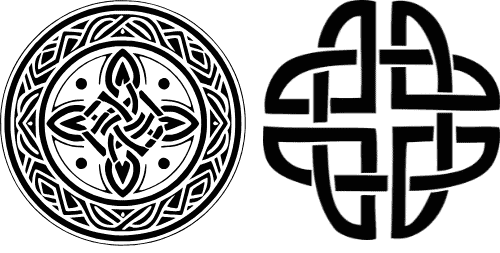 Intertwined Celtic knot symbols in black and white, traditional Irish art.