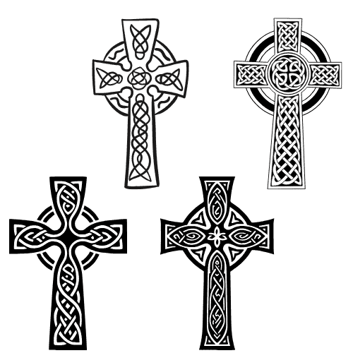 Intricate Celtic cross designs in black and white.
