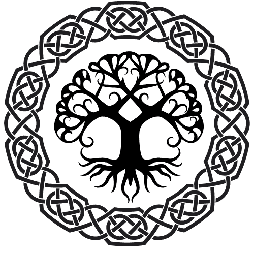 Intricate Celtic tree of life symbol with knotwork border.