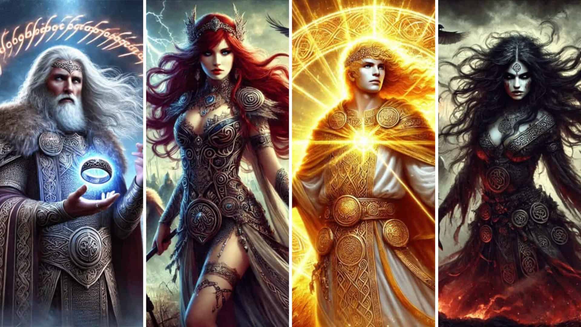 Mystical fantasy characters representing Irish myth and legend in vibrant artwork.