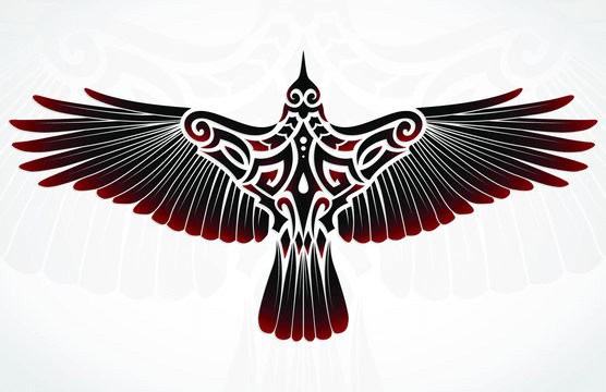 Intricate black and red Irish-inspired bird design with Celtic patterns, blending Irish heritage and art.
