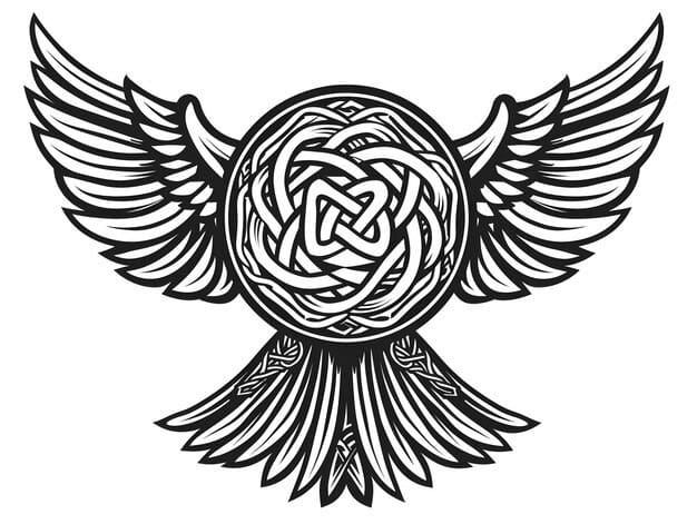 Intricate black and white Celtic knot with wings design.