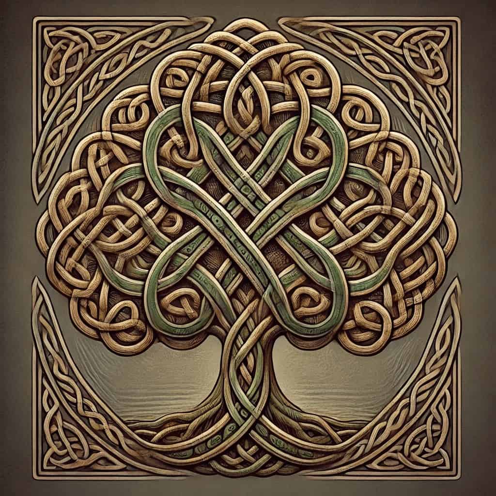 Intricate Celtic knot tree artwork with intertwining patterns and green accents.
