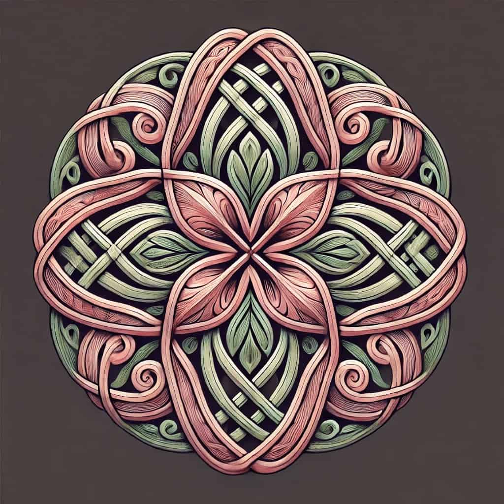 Intricate Celtic-inspired knot design with pink and green tones, showcasing Irish artistry and symbolism.