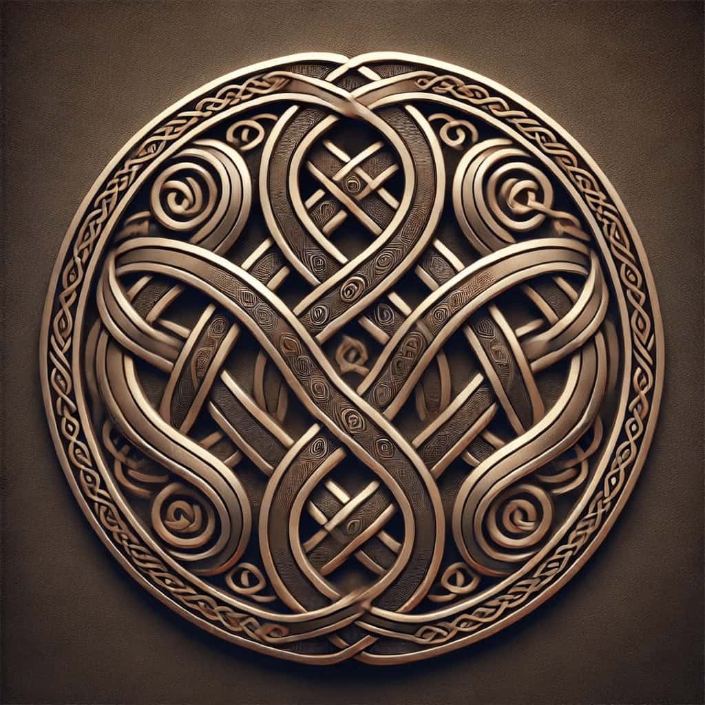 Intricate Celtic knot design with curves and loops in bronze tones.